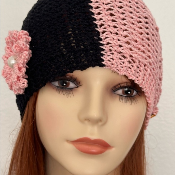 Hand Knits 2 Love Headband Bandana Headwrap Flower Pearls Designer Black Pink main image 10